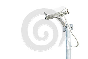CCTV Camera in weather sealed housing outdoor unit setup on post isolated on white background