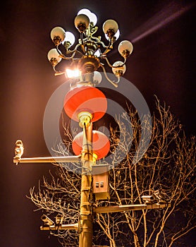 CCTV cameras on lantern pole in the capitol city of china Bejing. Concept of security, surveillance, being watched