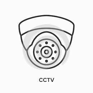 CCTV flat line icon. Vector outline illustration of screen with dome secure camera. Infographic design black thin linear