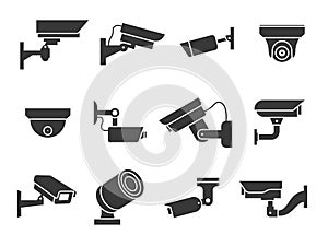 Cctv icons. Security camera, guard equipment video surveillance, private and industry observe warning crime, digital photo