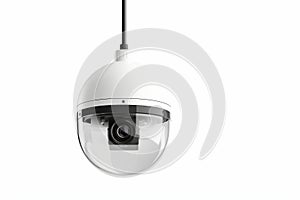 CCTV security camera hanging isolated on a white background, close up. The image is generated with the use of an AI.