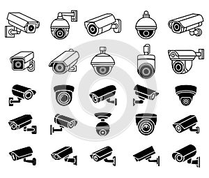 CCTV Security Camera Icons Set in Line and Solid Style Vector Illustration