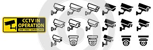 CCTV Security Camera Icons and Warning Sign for Surveillance Systems