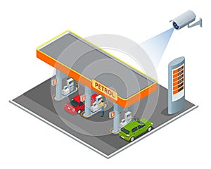 CCTV security camera on isometric illustration of petrol diesel station. 3d isometric vector illustration.