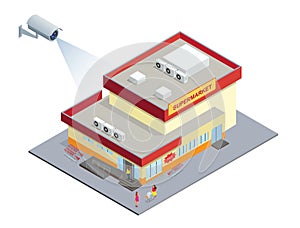 CCTV security camera on isometric illustration of Supermarket. 3d isometric vector illustration.