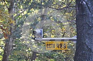 CCTV security camera with Korean warning sign in the deep forest in the morning