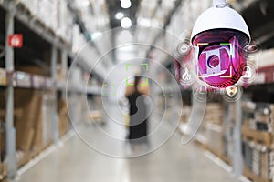 Cctv. security camera motion detect system operating in warehouse interior with product on shelves in shopping mall, cctv solution