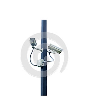 CCTV security camera on pole on white background