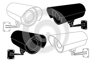 CCTV security camera set. Black and white outline illustration