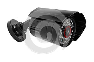 CCTV security camera video equipment isolated on white background.  Surveillance monitoring. Video camera lens closeup. Macro shot