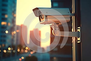 CCTV security camera on window with bokeh light background