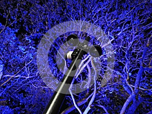 CCTV security cameras pole to monitor situation in the fantasy mysterious purple forest