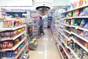 CCTV on shop supermarket on blurry background.