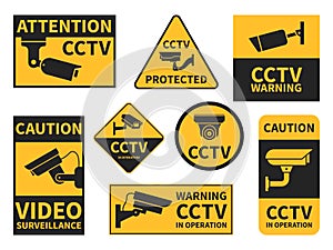 Cctv stickers. Various security camera equipment, video surveillance for street, home and building, warning signs cctv