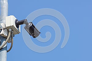 CCTV surveillance security camera vedio equipment in dark tone tower home and house building on wall for safety system
