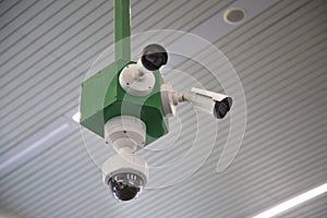 CCTV surveillance security camera video equipment on green pole outdoor building