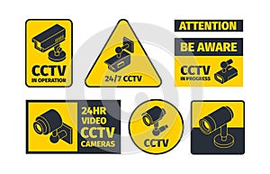 Cctv systems. Information badges safety anounce warning robbery signal security danger alert vector sign