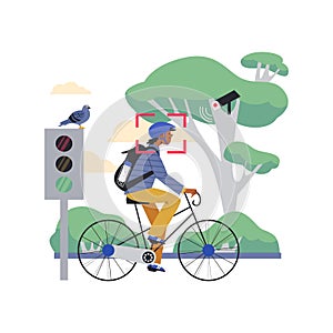 CCTV or video surveillance in public, man riding bicycle in the park - flat vector illustration isolated on white.