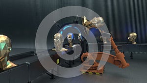 CCTV view of futuristic cyberpunk human factory assembly line