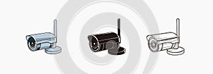 CCTV wireless camera icons set with antenna - colored, silhouette, line icon vector illustrations