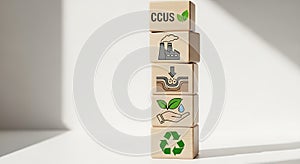 Carbon Capture Utilization and Storage (CCUS): Stacked Wooden Blocks Displaying CCUS Process Featuring Carbon Capture,