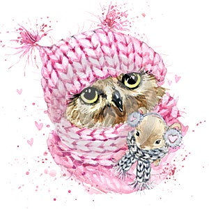 CCute owl T-shirt graphics, watercolor forest owl illustration