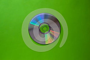 Cd compact disc on a light green background top view with copy space
