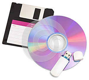 Cd disks floppy and flash drive on white background