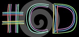 CD Hashtag. Isolate neon doodle lettering text from multi-colored curved neon lines like from a felt-tip pen, pensil.