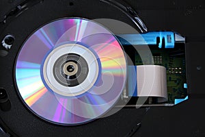 CD inside a DVD payer with circuits, cables and boards - close up photo