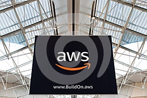 CDG Airport, Paris - 12/22/18: AWS amazon cloud services brand logo