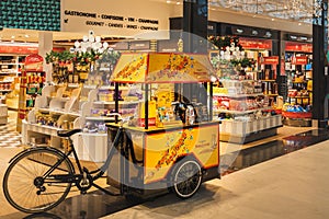 CDG Airport, Paris - 12/22/18: Toblerone promo stand in sweets shop at airport