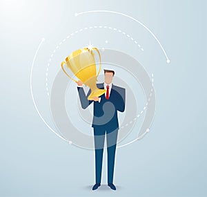 Businessman hold the gold trophy successful winner. business concept vector illustration