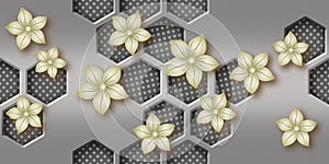 Abstract background, mural 3d flower Grey metal geometric hexagonal wallpaper, Honeycomb hexagonal 3d render.