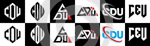 CDU letter logo design in six style. CDU polygon, circle, triangle, hexagon, flat and simple style with black and white color