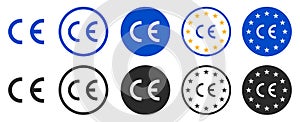 CE standard mark set logo icons for product packaging. Quality assurance of the Europe. For products sold within the European