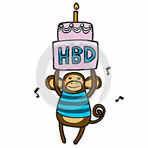 Monkey boy with big birthday cake cartoon illustration doodle style
