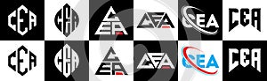 CEA letter logo design in six style. CEA polygon, circle, triangle, hexagon, flat and simple style with black and white color