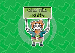 Cead mile failte text on green board held by leprechaun on green patterned background