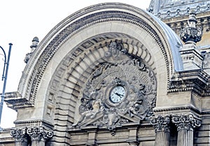 The CEC Palace. Palatul CEC. Top clock detail.