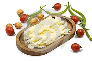 Cecil cheese or String cheese isolated on a white background. Delicious assortment of cheeses