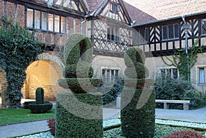Cecilienhof Palace, courtyard, with the manicured trees in the foreground, Potsdam, Germany