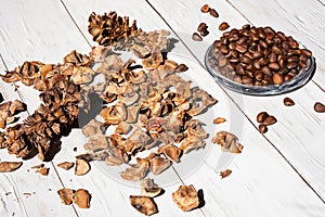 Cedar cones, unshelled pine nuts in glass bowl on white wooden table