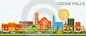 Cedar Falls Iowa Skyline with Color Buildings and Blue Sky photo