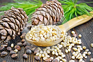 Cedar nuts peeled in spoon on dark wooden board