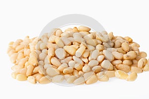 Cedar pine nuts isolated on white background.