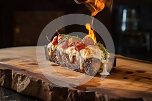 cedar plank grilling goat cheese, framed by grill grate