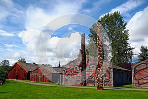 K`san Village, Hazelton with Indigenous Cedar Plank Longhouses and Totem Poles, British Columbia, Canada photo