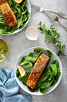 Cedar plank roasted salmon with spinach