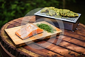 cedar plank and salmon fillet with a lid up smoker